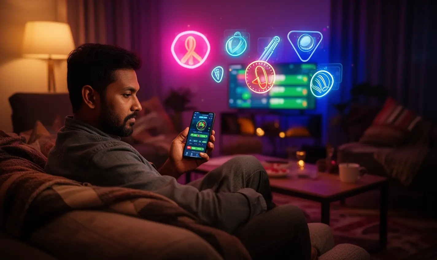 Focused Bangladeshi player using the 78BD sports betting app on his phone with glowing cricket icons creating an exciting mobile gaming scene