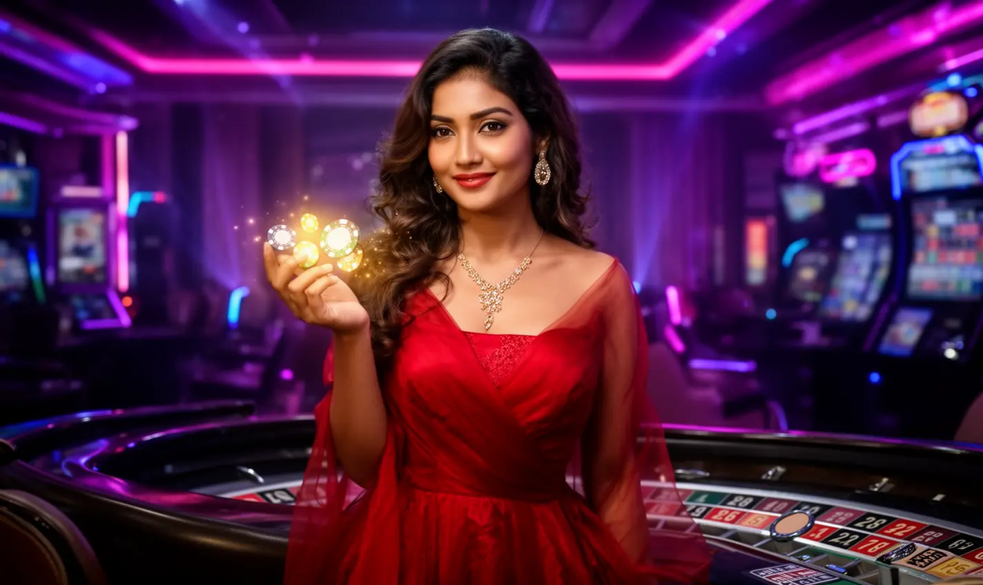 Elegant casino atmosphere with a confident woman holding poker chips near a roulette wheel highlighting premium gaming and bonus rewards at 78BD for players in Bangladesh
