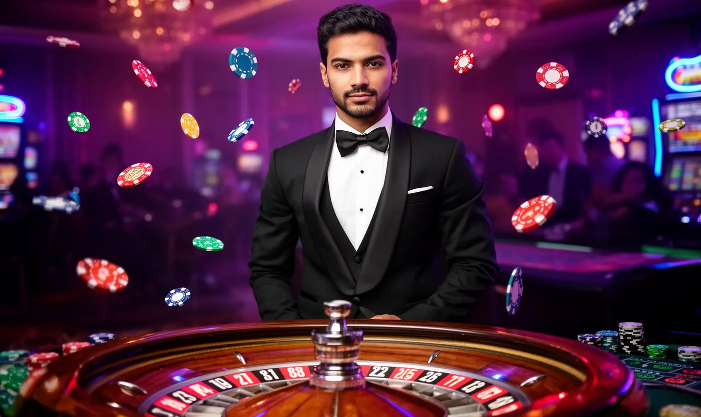 Elegant casino scene with a professional dealer in a tuxedo at the roulette table surrounded by glowing chips highlighting the premium live casino experience at 78BD for players in Bangladesh