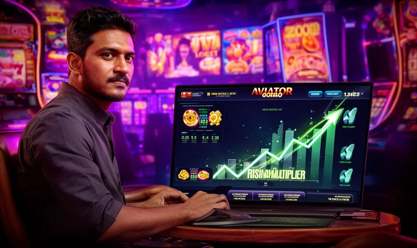 Focused Bangladeshi player engaged in online casino gameplay on a laptop with colorful lights and casino elements reflecting the 78BD gaming atmosphere