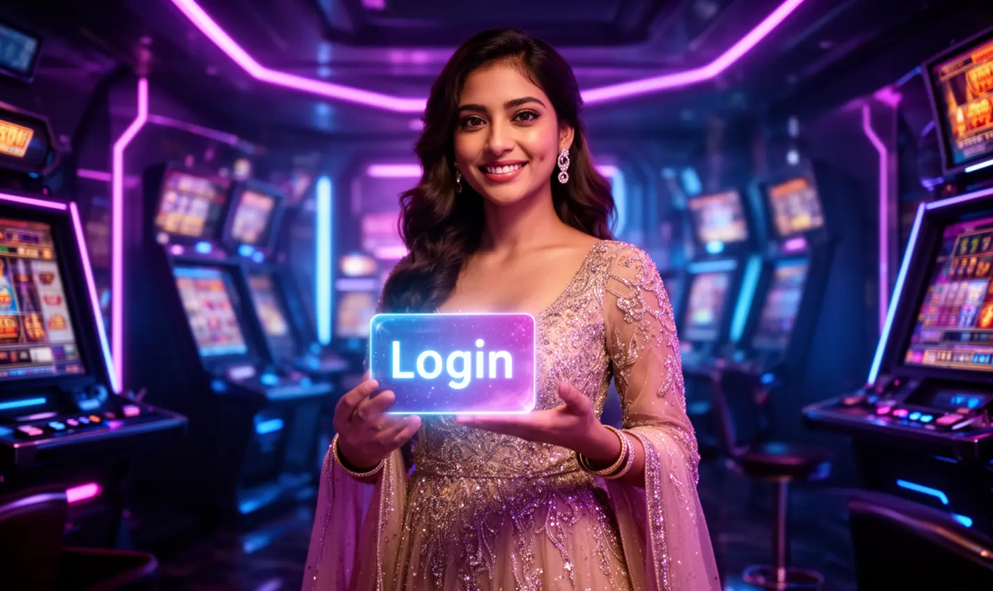 Glamorous casino hostess holding a glowing login card in a neon lit environment representing secure access to 78BD casino for players in Bangladesh