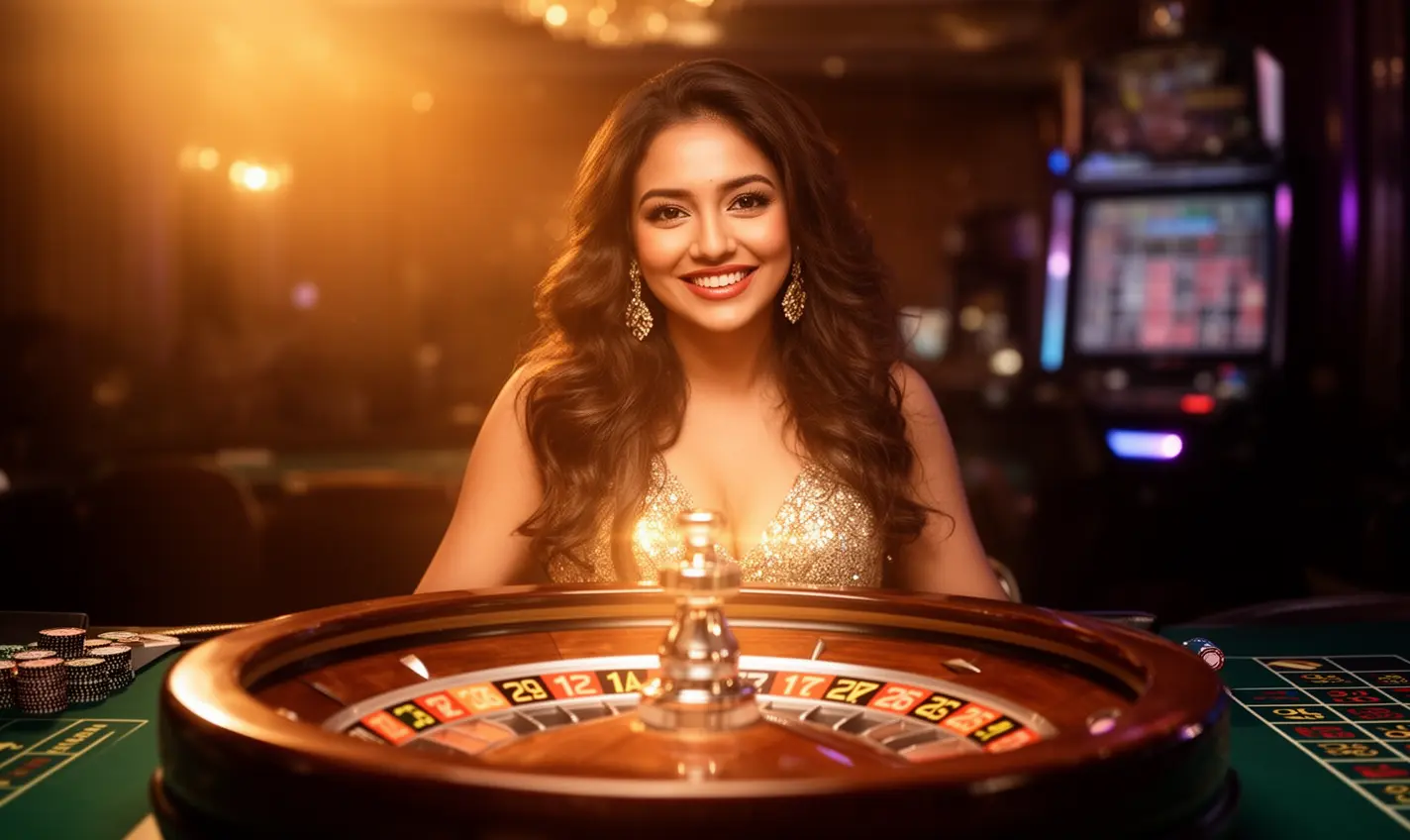 Elegant live casino dealer presenting a roulette table with glowing lights and a welcoming atmosphere on the 78BD platform for Bangladeshi players