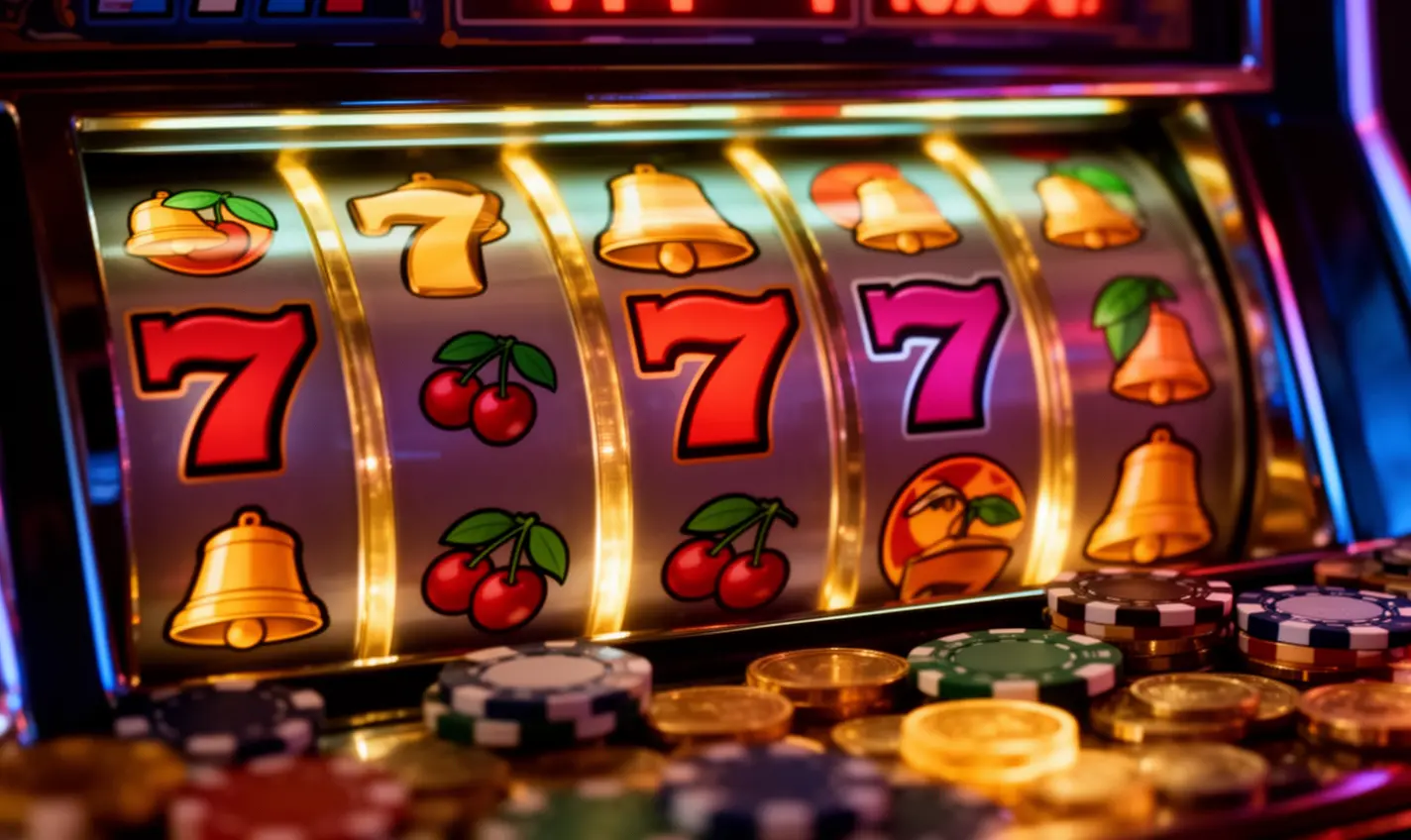 Close-up of a classic slot machine with red sevens and golden bells surrounded by casino chips representing high quality online slots at 78BD casino for players in Bangladesh